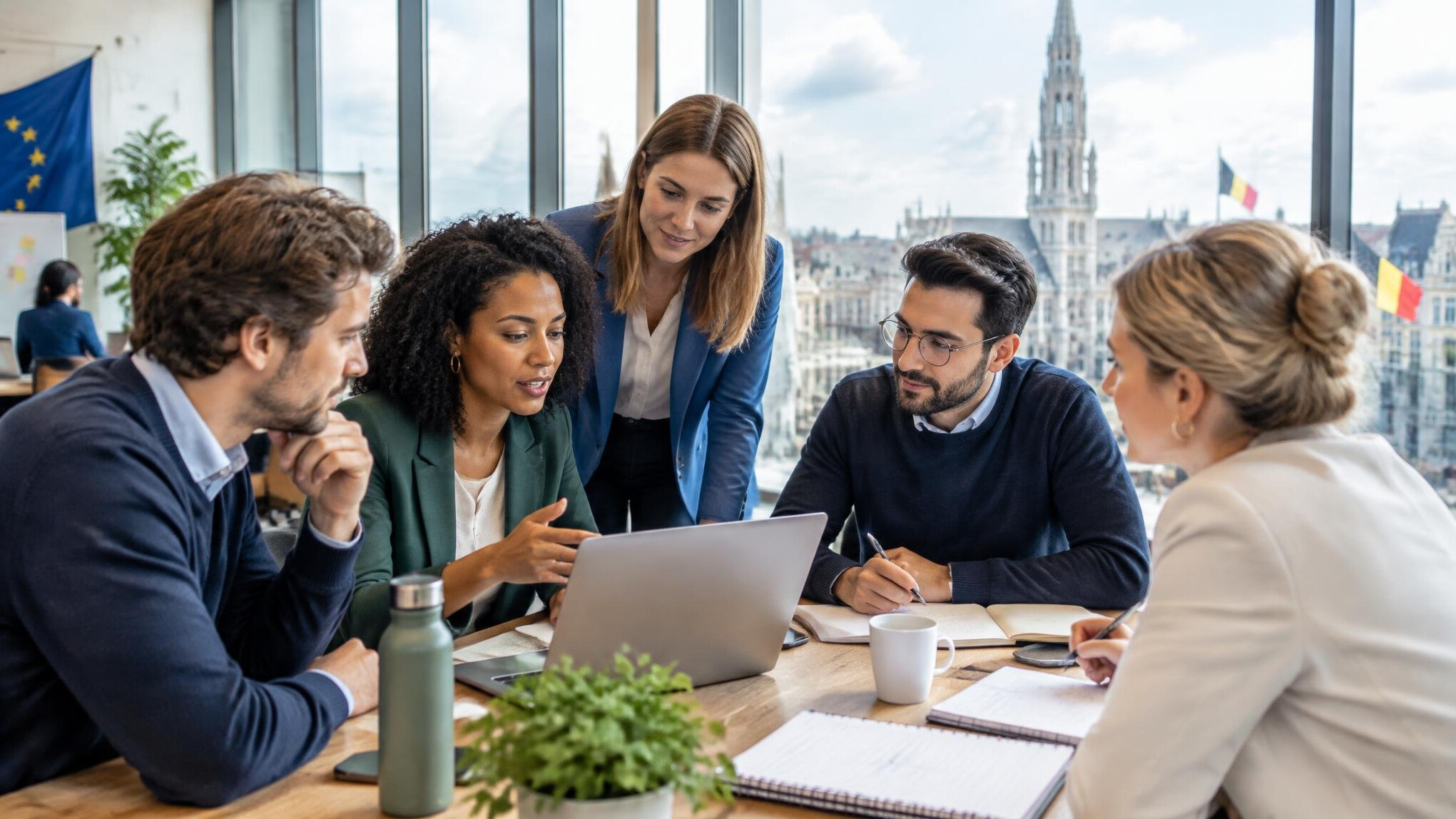 Business professionals collaborating in a bright room